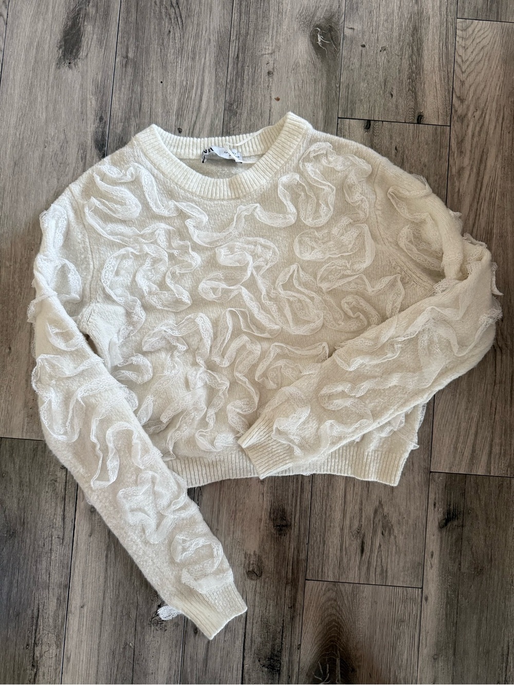 Zara Cream Textured Ruffle Crew Neck Sweater
